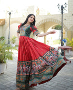 Thumbnail for Jyoti Fashion Women's Red Patola with Foil Print Dola Silk Anarkali Dress - Distacart