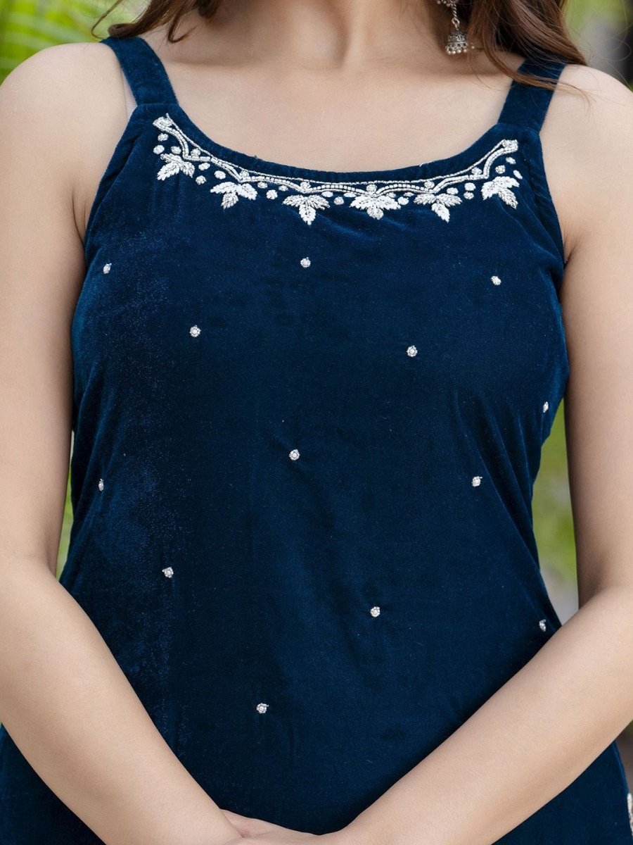 Anouk Women Embroidered Empire Beads and Stones Velvet Kurti with Sharara & With Dupatta - Distacart