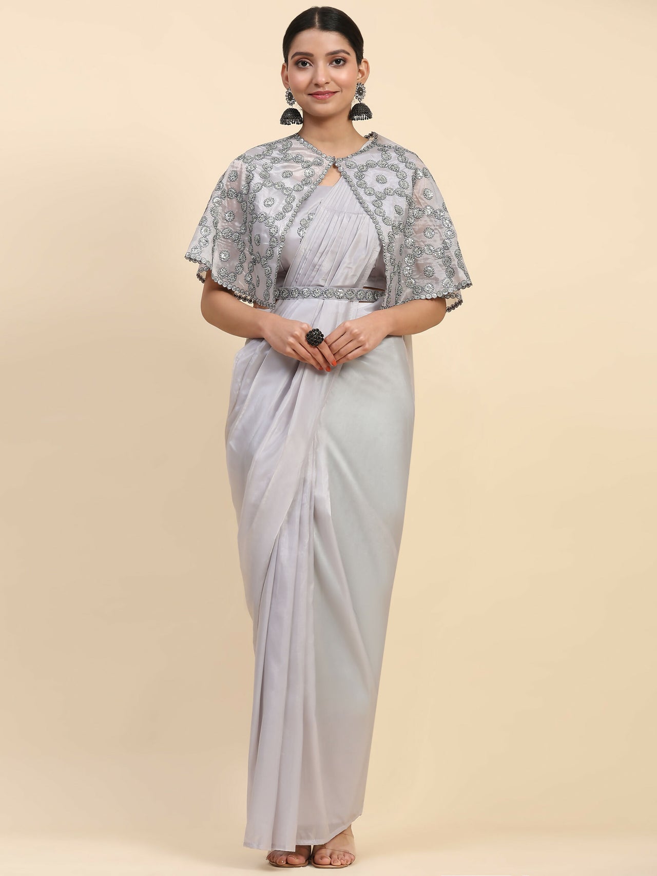 Grey Satin Solid Ready to wear Saree with stitched Blouse - Vanita - Distacart
