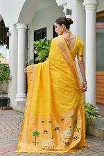 Thumbnail for Vishnu Weaves Women's Yellow Paithani Silk Zari Woven Saree with Blouse
