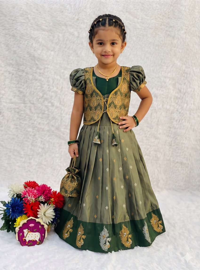 Teeya Creation New Trendy Girls Sage Green Silk Traditional Lehenga Choli Set-Green - Dista