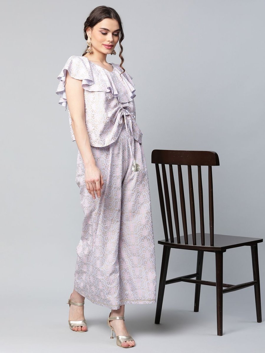 Ahalyaa Women Powder Blue Crepe Khari Printed Top with Palazzo Set - Distacart