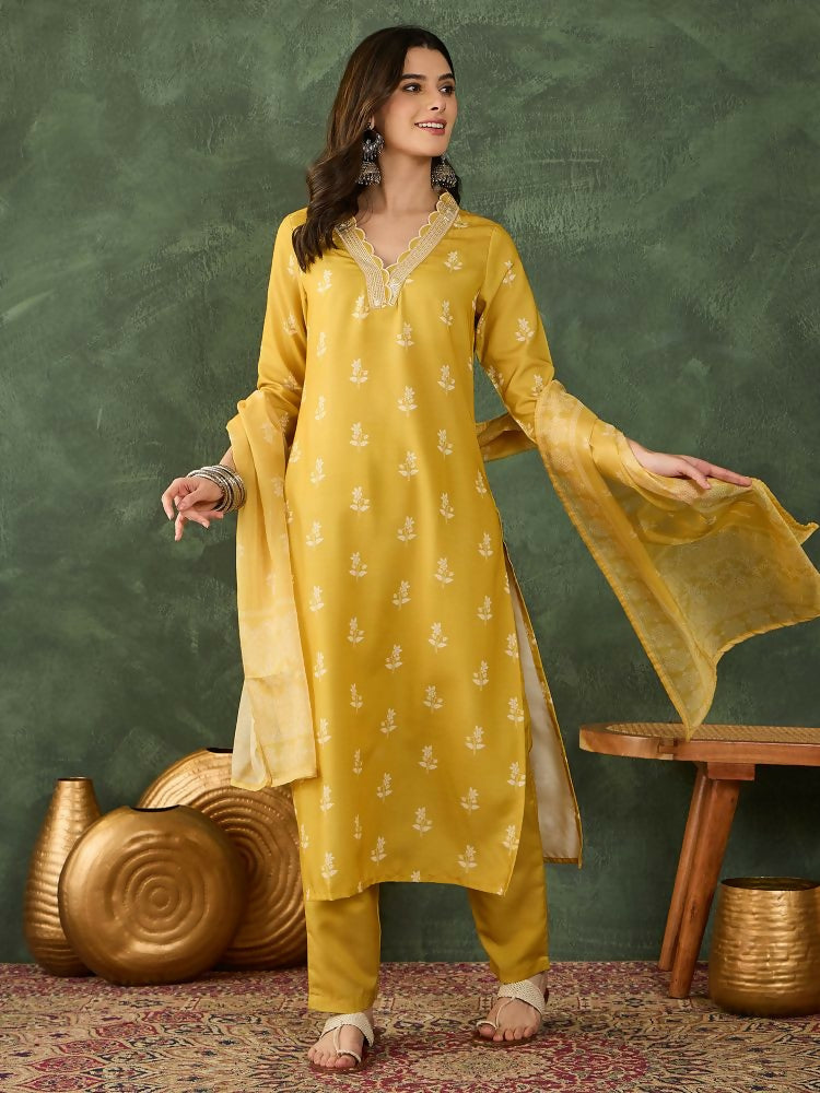 The52 Women's Gorgeous Rayon Fabric Printed Work Straight Kurta Pant and Dupatta Set