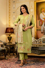 Thumbnail for The52 Lemons Women's Beautiful Viscose Shimmer Fabric Embroidered Work Straight Kurta Pant and Dupatta Set - Distacart