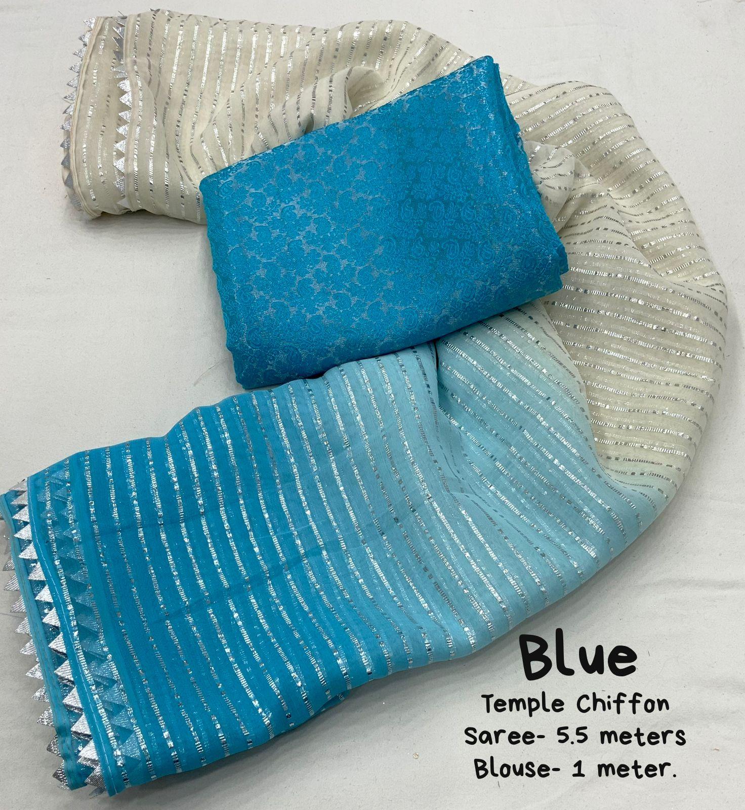 Blue Poly Chiffon Striped Saree with Unstitched Blouse - A2M