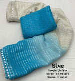 Thumbnail for Blue Poly Chiffon Striped Saree with Unstitched Blouse - A2M