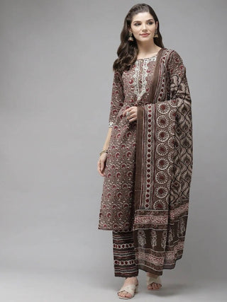 Anubhutee Brown & Maroon Printed Pure Cotton Kurta with Trousers & Dupatta - Distacart