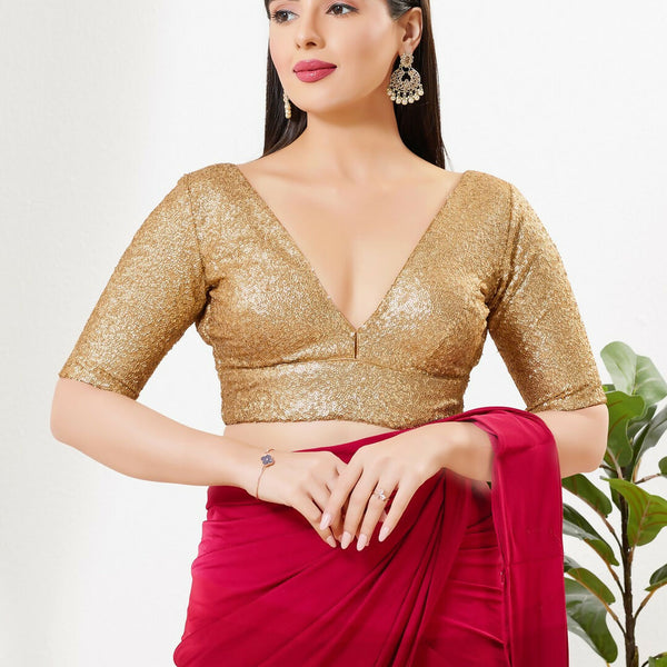 Joban Fashion Gold Silk Padded Blouse With V Neck Elbow Sleeves - Distacart