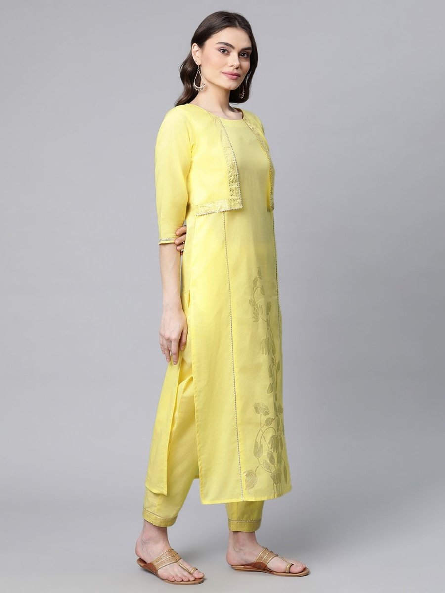 Ahalyaa Women Yellow Pure Cotton Printed Floral Kurta With Trousers - Distacart