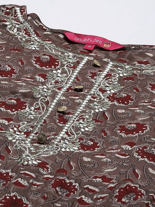 Anubhutee Brown & Maroon Printed Pure Cotton Kurta with Trousers & Dupatta - Distacart