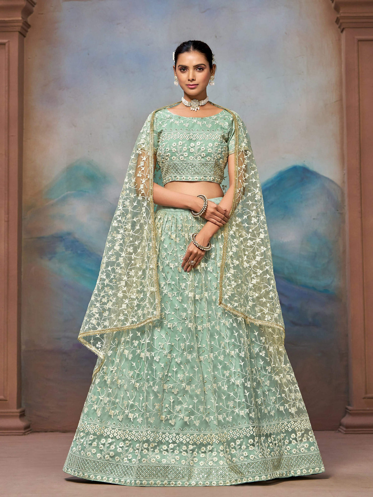 Jihu Culture Women's Pista Green Thread Embroidery Work Lehenga Choli