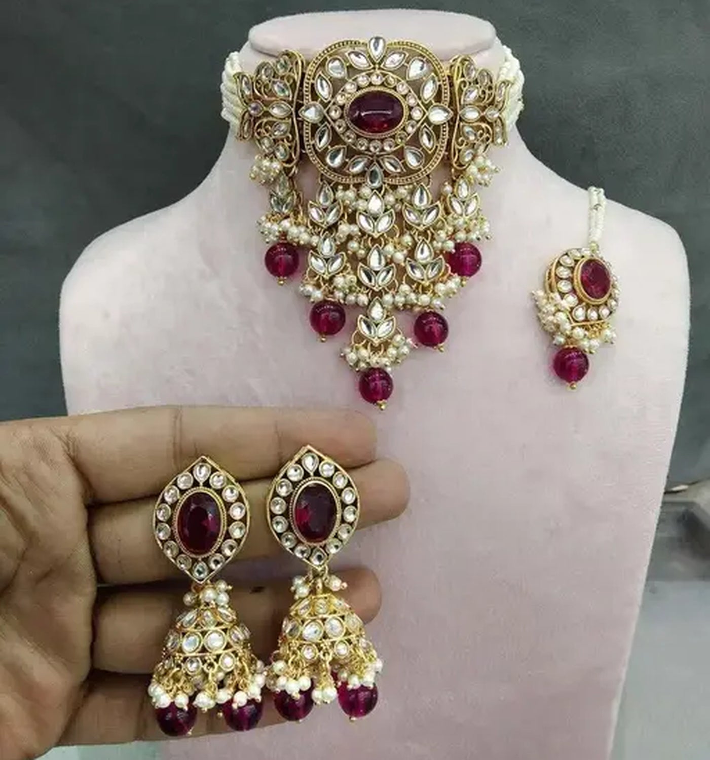 Jewel City Kundan Pearl Bridal Choker Set Traditional Gold-Plated Indian Jewelry Handcrafted Necklace, Earrings & Maang Tikka