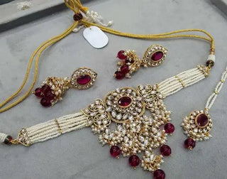 Jewel City Kundan Pearl Bridal Choker Set Traditional Gold-Plated Indian Jewelry Handcrafted Necklace, Earrings & Maang Tikka