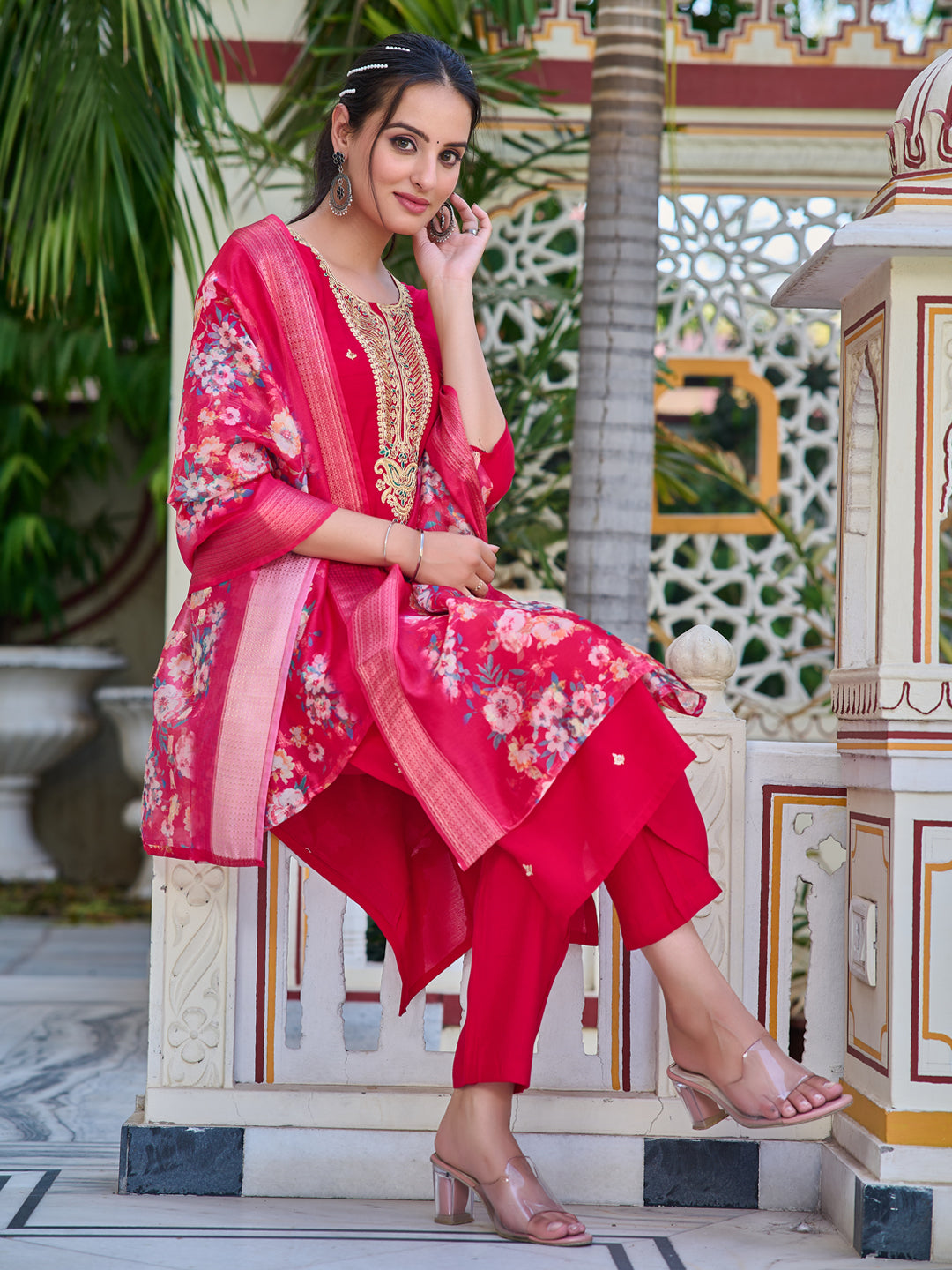 Hand Embroidered Kurta With Pant & Printed Dupatta Luxury Premium, Multicolor - Hiral Fashion - Dista