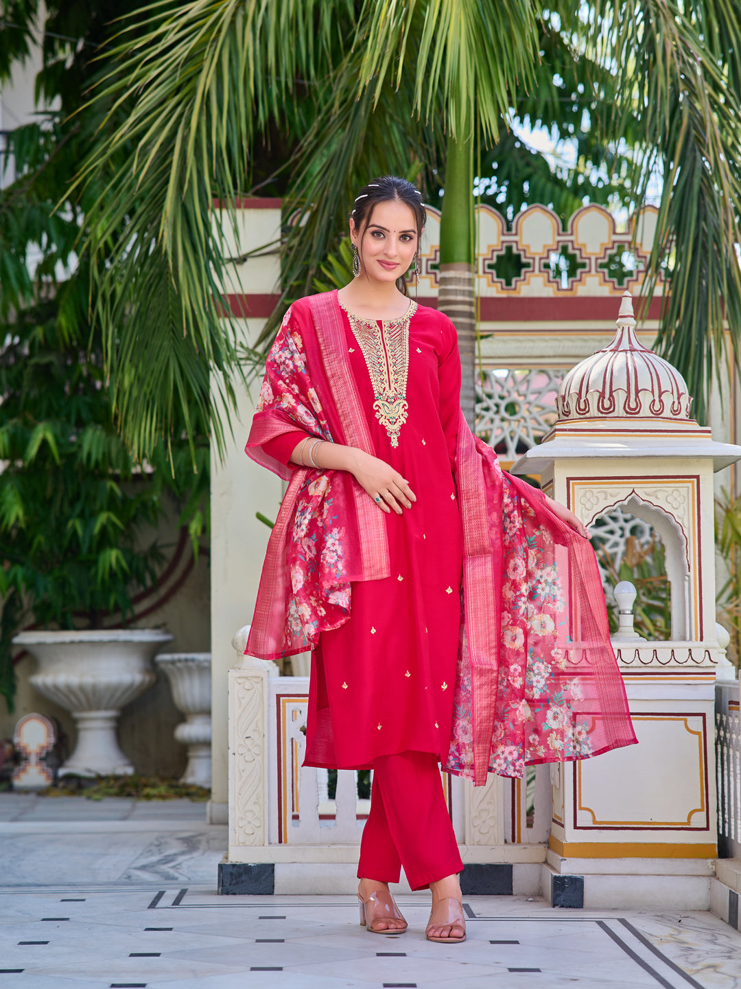 Hand Embroidered Kurta With Pant & Printed Dupatta Luxury Premium, Multicolor - Hiral Fashion - Dista