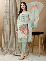 Thumbnail for Schiffli Embroidered Kurta With Pant & Printed Dupatta Luxury Premium, Green - Hiral Fashion - Dista