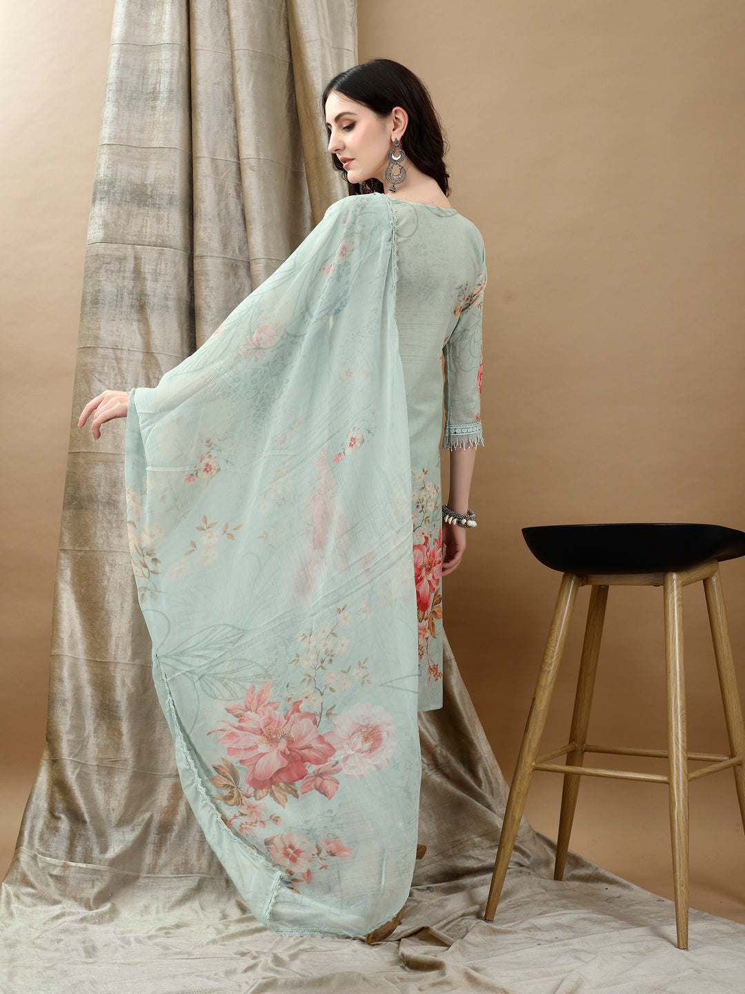 Schiffli Embroidered Kurta With Pant & Printed Dupatta Luxury Premium, Green - Hiral Fashion - Dista