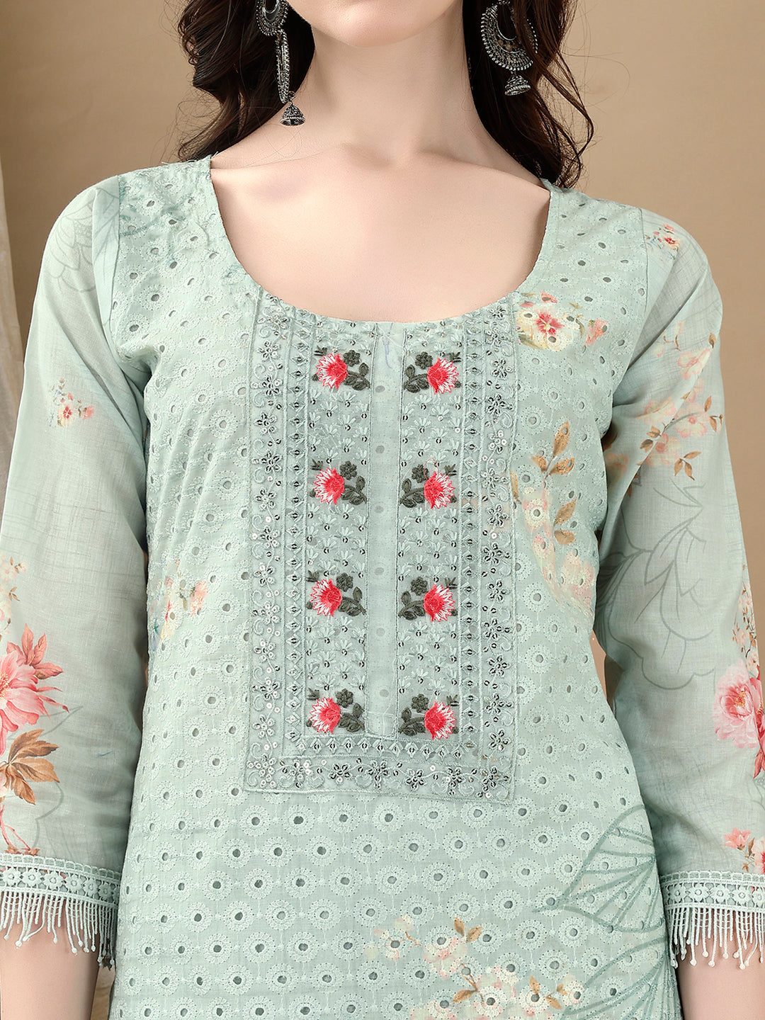 Schiffli Embroidered Kurta With Pant & Printed Dupatta Luxury Premium, Green - Hiral Fashion - Dista