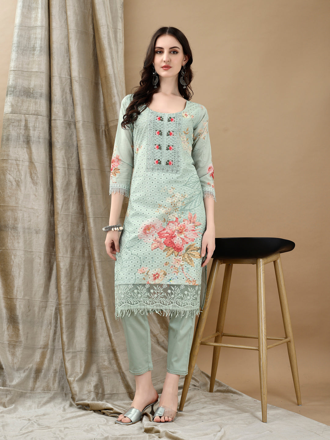 Schiffli Embroidered Kurta With Pant & Printed Dupatta Luxury Premium, Green - Hiral Fashion - Dista