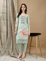 Thumbnail for Schiffli Embroidered Kurta With Pant & Printed Dupatta Luxury Premium, Green - Hiral Fashion - Dista