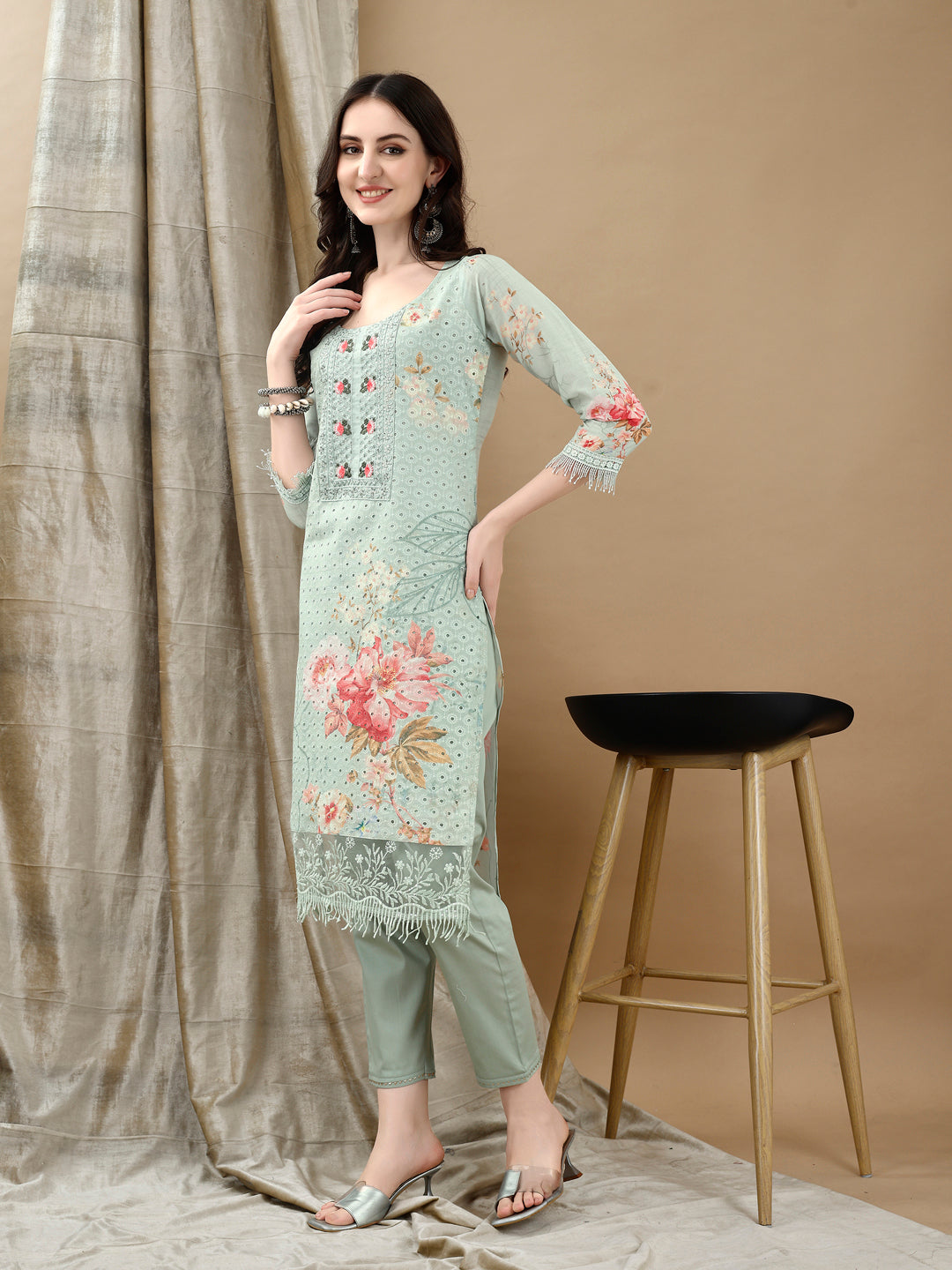 Schiffli Embroidered Kurta With Pant & Printed Dupatta Luxury Premium, Green - Hiral Fashion - Dista