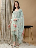 Thumbnail for Schiffli Embroidered Kurta With Pant & Printed Dupatta Luxury Premium, Green - Hiral Fashion - Dista