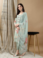 Thumbnail for Schiffli Embroidered Kurta With Pant & Printed Dupatta Luxury Premium, Green - Hiral Fashion - Dista