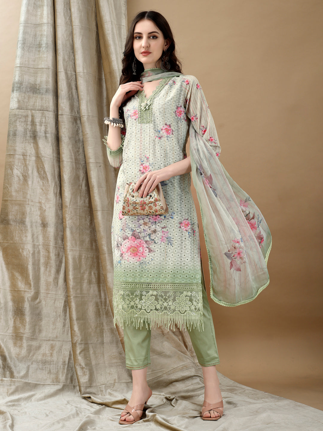 Schiffli Embroidered Kurta With Pant & Printed Dupatta Luxury Premium, Green - Hiral Fashion - Dista