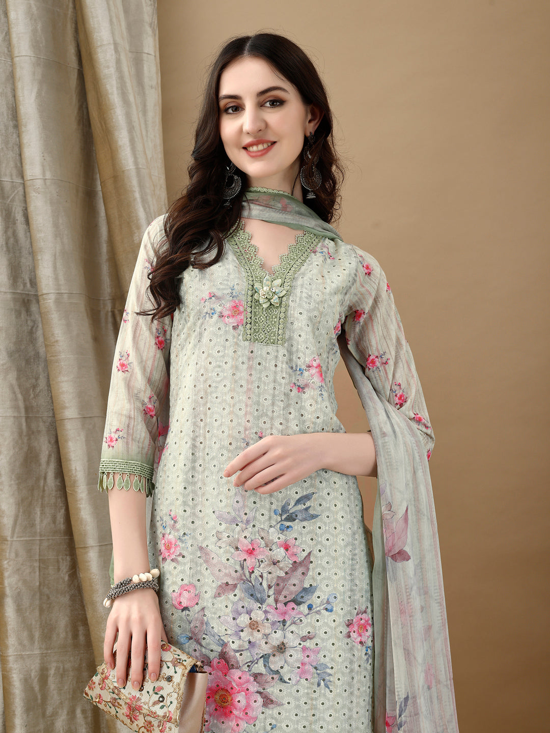 Schiffli Embroidered Kurta With Pant & Printed Dupatta Luxury Premium, Green - Hiral Fashion - Dista