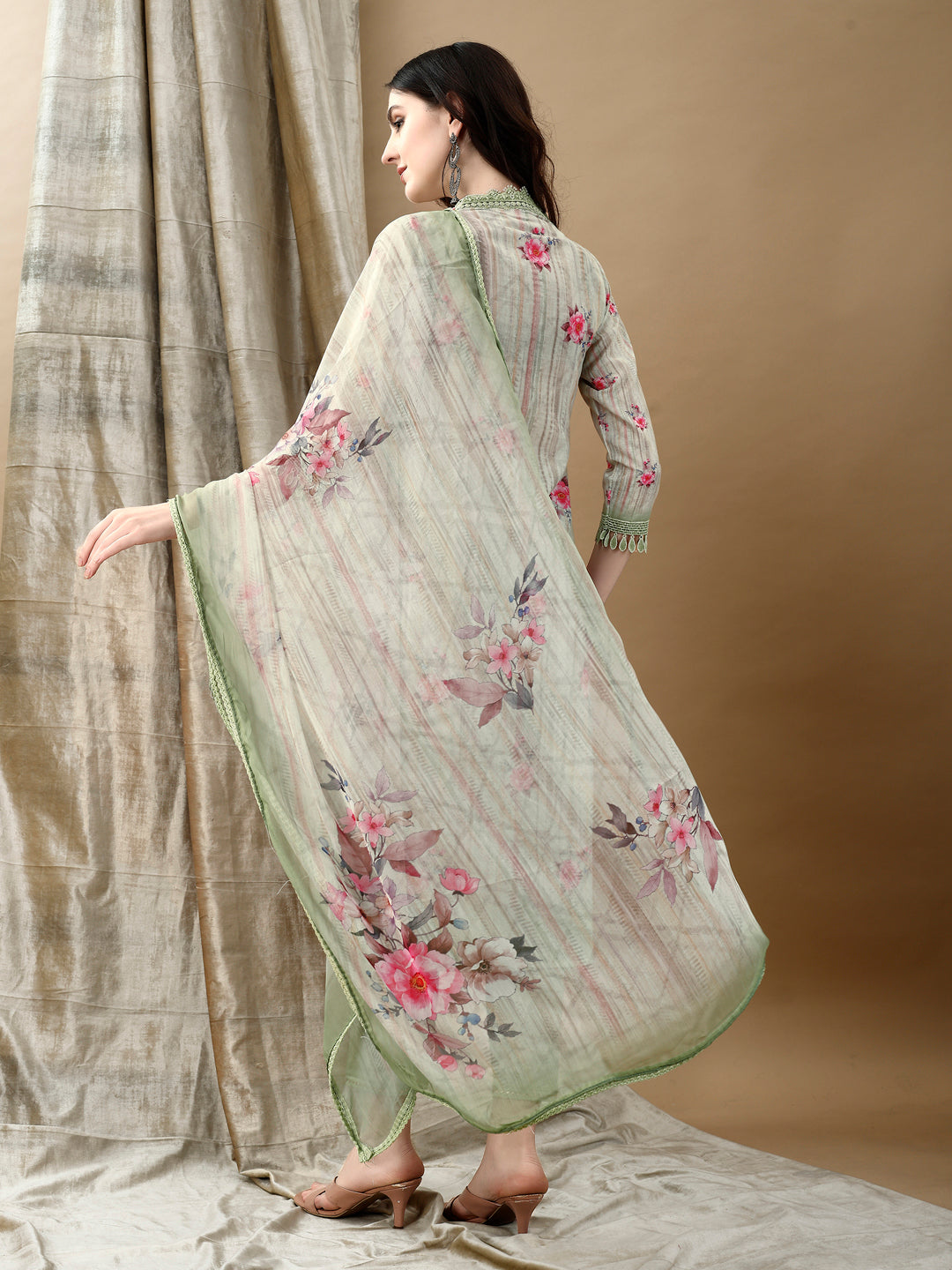 Schiffli Embroidered Kurta With Pant & Printed Dupatta Luxury Premium, Green - Hiral Fashion - Dista