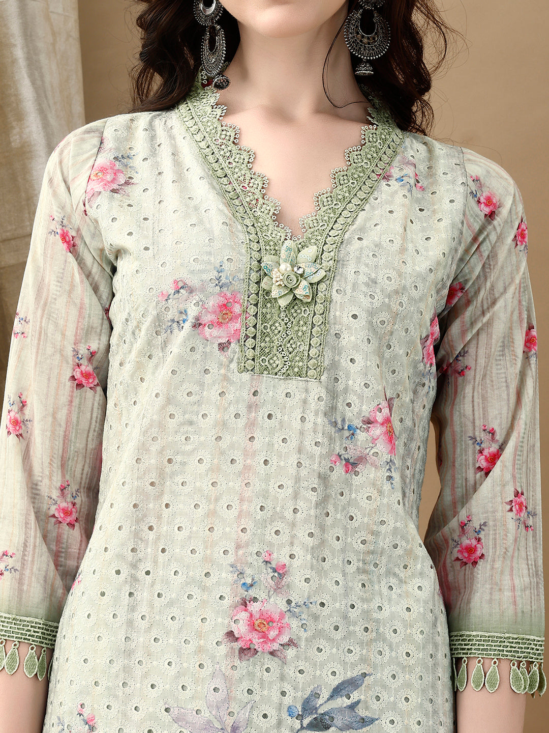 Schiffli Embroidered Kurta With Pant & Printed Dupatta Luxury Premium, Green - Hiral Fashion - Dista