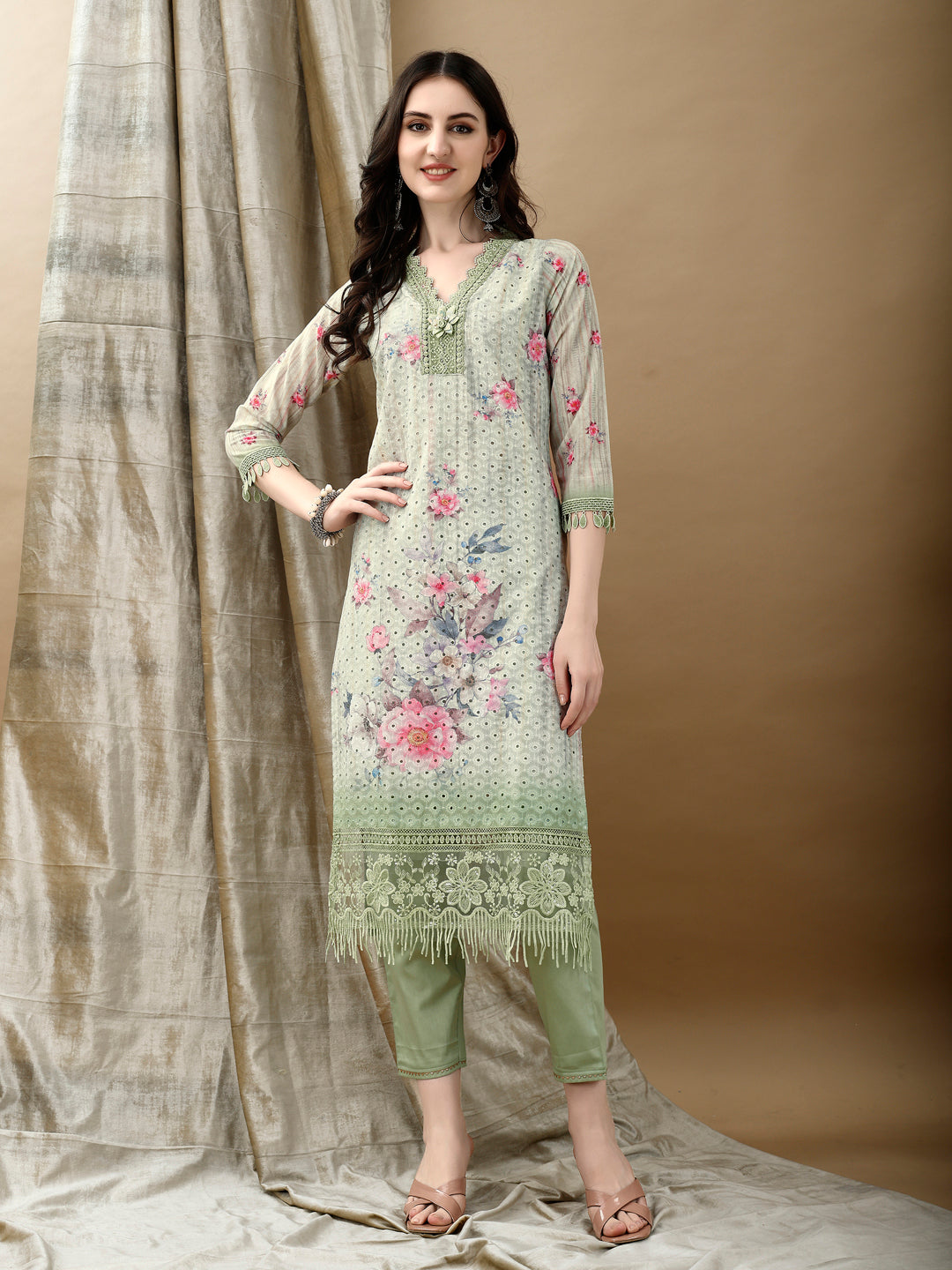 Schiffli Embroidered Kurta With Pant & Printed Dupatta Luxury Premium, Green - Hiral Fashion - Dista