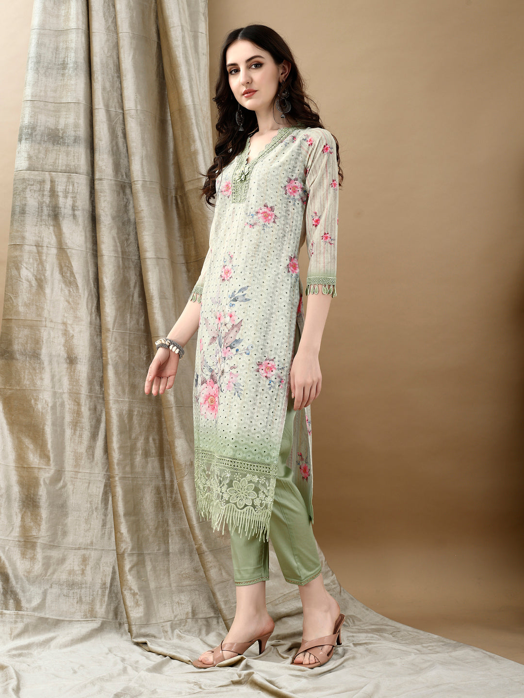 Schiffli Embroidered Kurta With Pant & Printed Dupatta Luxury Premium, Green - Hiral Fashion - Dista
