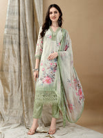 Thumbnail for Schiffli Embroidered Kurta With Pant & Printed Dupatta Luxury Premium, Green - Hiral Fashion - Dista