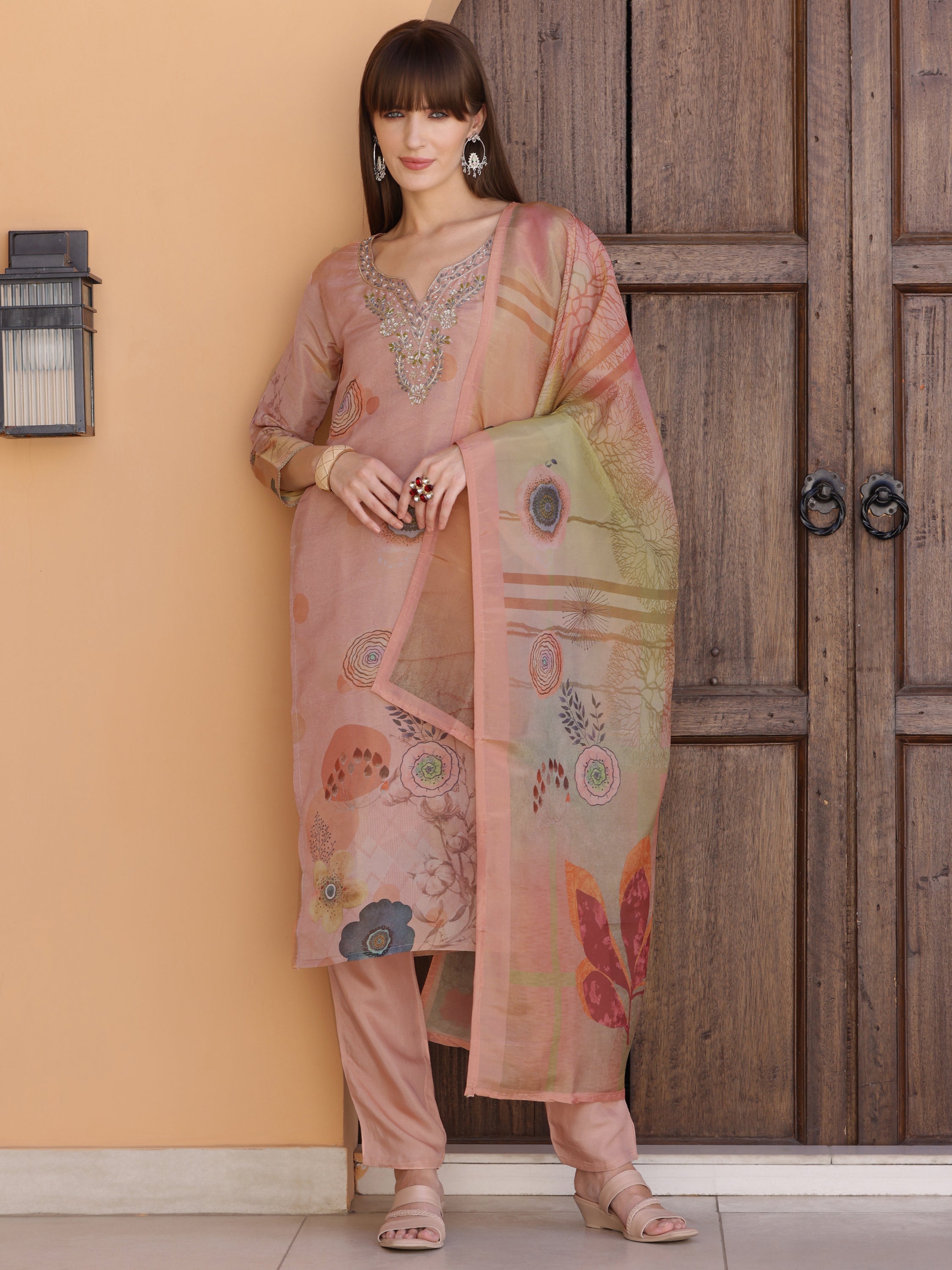 Hand Embroidered & Printed Silk Kurta With Pant & Dupatta, Peach - Hiral Fashion - Dista