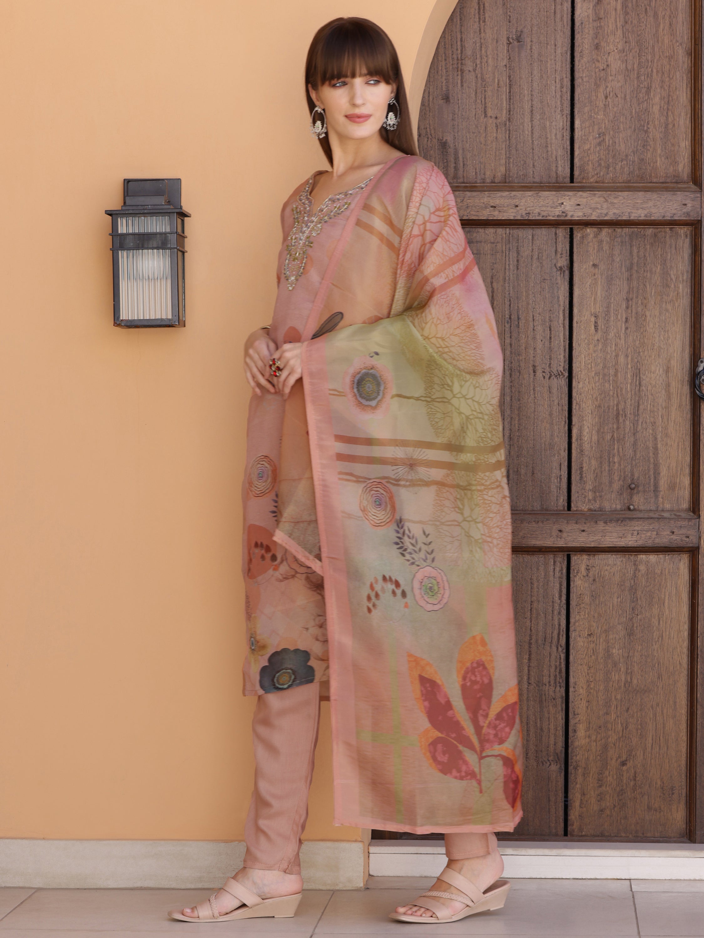 Hand Embroidered & Printed Silk Kurta With Pant & Dupatta, Peach - Hiral Fashion - Dista