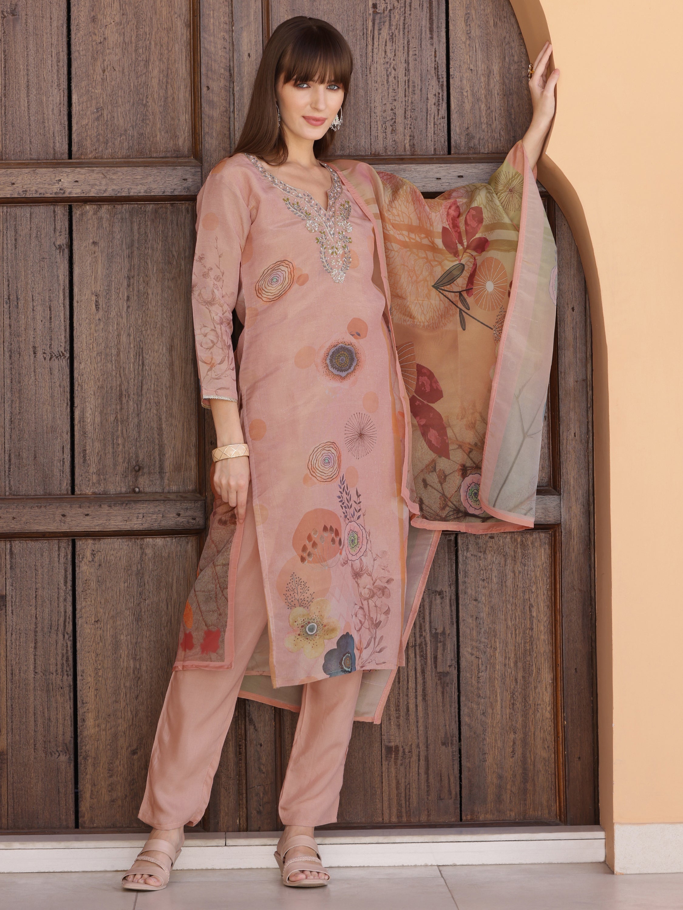 Hand Embroidered & Printed Silk Kurta With Pant & Dupatta, Peach - Hiral Fashion - Dista