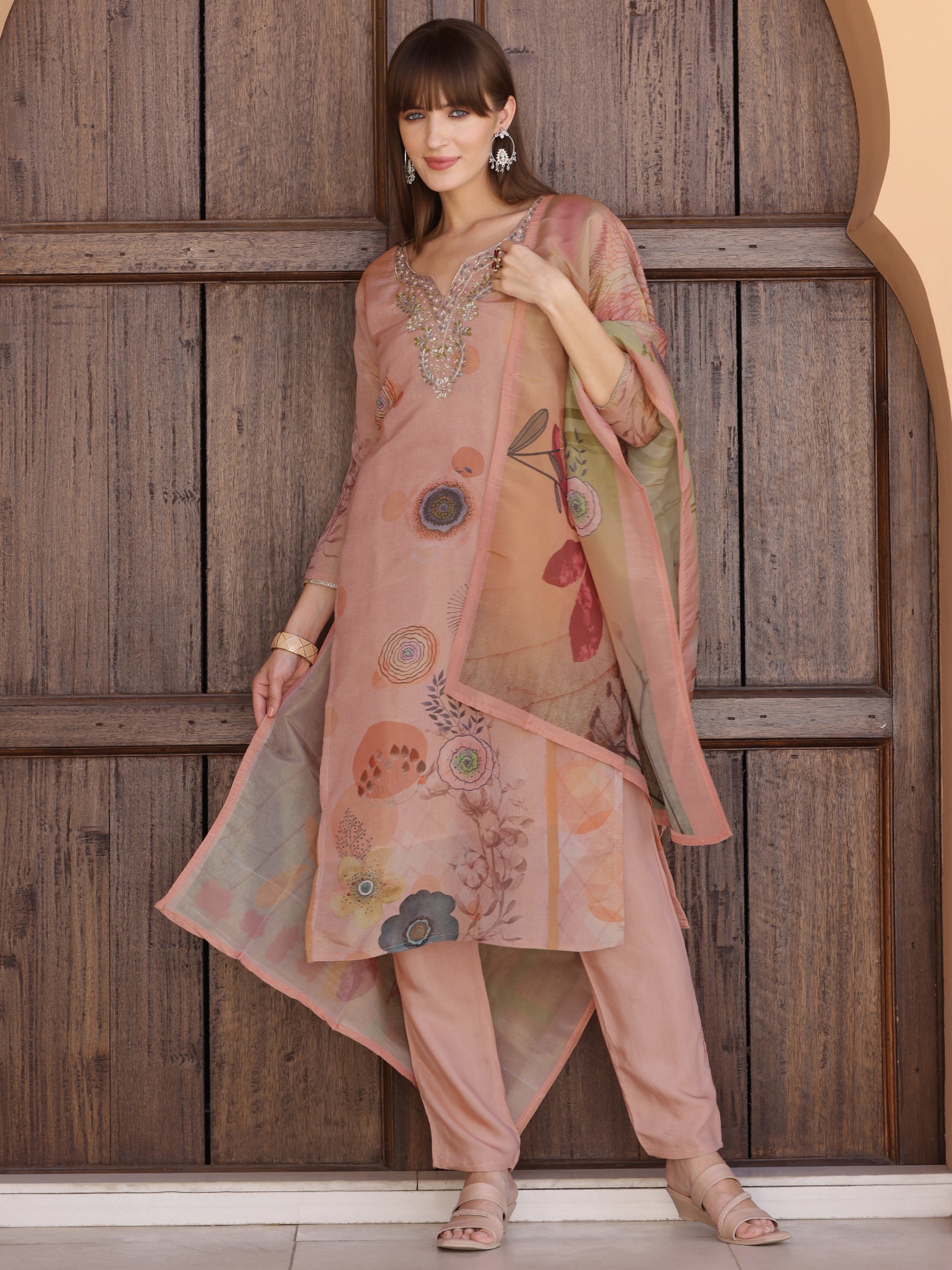 Hand Embroidered & Printed Silk Kurta With Pant & Dupatta, Peach - Hiral Fashion - Dista