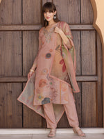 Thumbnail for Hand Embroidered & Printed Silk Kurta With Pant & Dupatta, Peach - Hiral Fashion - Dista