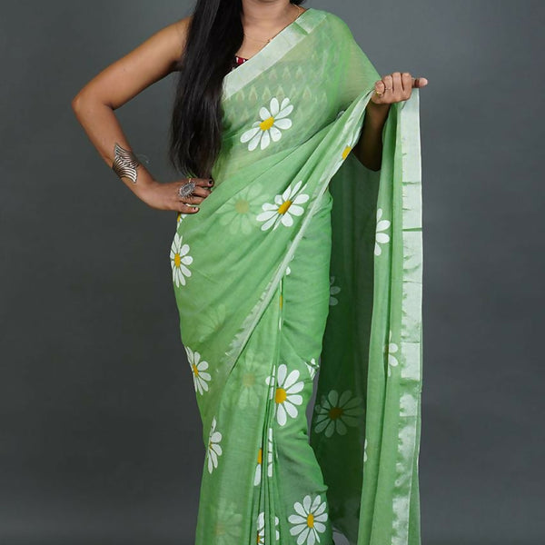 Exclusive Collection Light Green Pure Cotton Saree With Sunflower Design