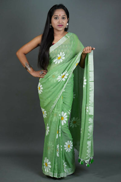 Exclusive Collection Light Green Pure Cotton Saree With Sunflower Design