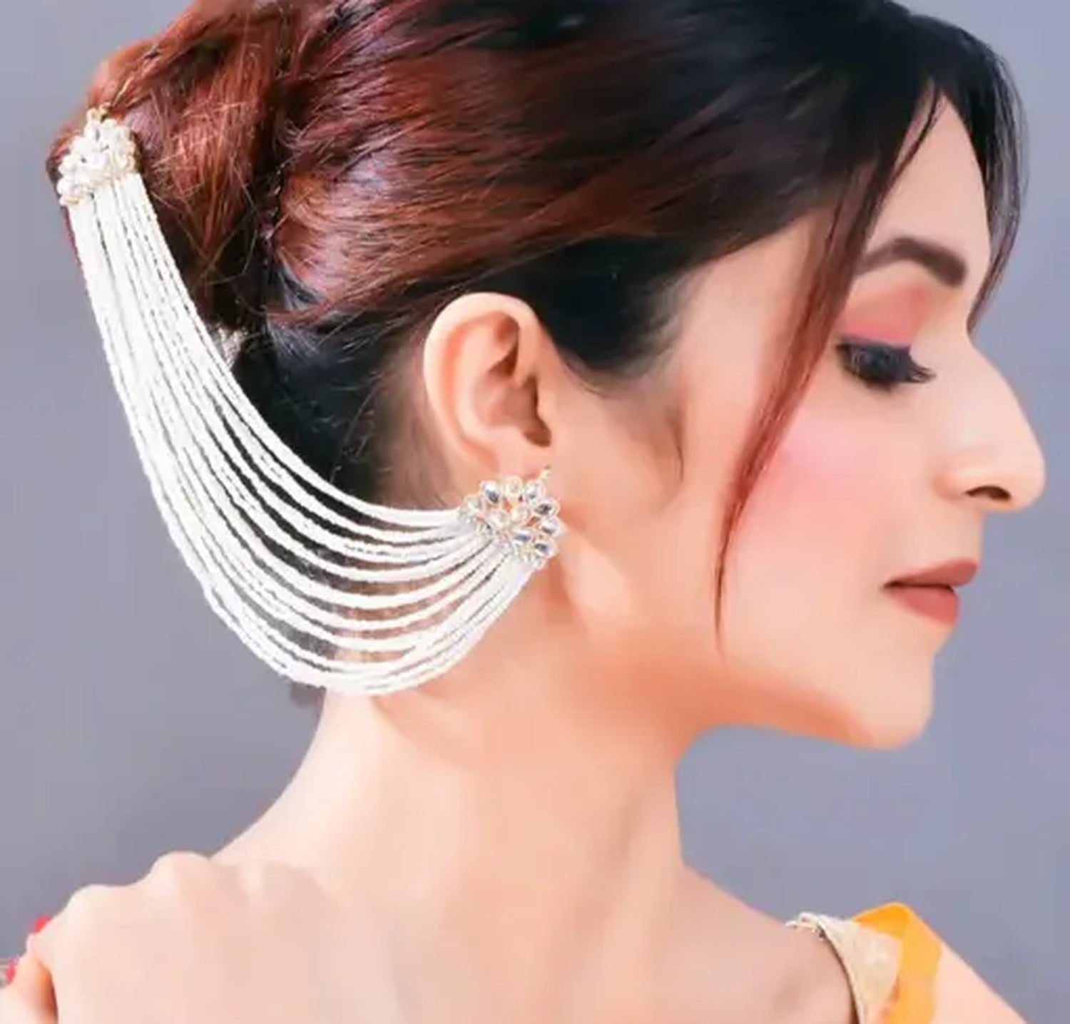 Jewel City Pearl Cascade Ear Cuff and Hair Chain | Bridal White Beaded Statement Earrings