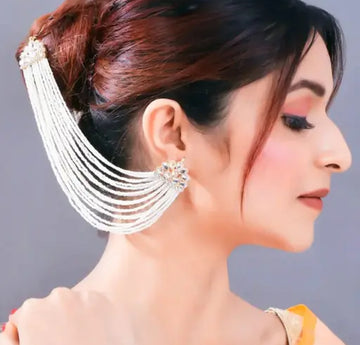 Jewel City Pearl Cascade Ear Cuff and Hair Chain | Bridal White Beaded Statement Earrings - Distacart