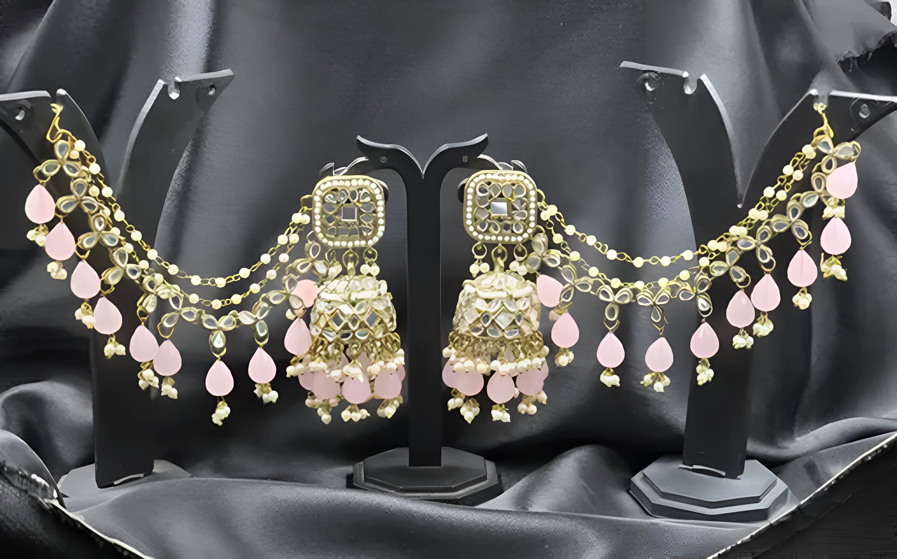 Jewel City Antique Gold Pink Bahubali Jhumka Earrings | Traditional Ear Chain Wedding Jewelry