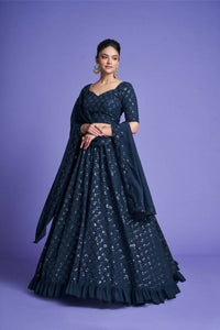 Thumbnail for Aastha Fashion Women's Teal Blue Diamond Georgette Thread & Sequins Embroidery Party Wear Lehenga Choli - Distacart