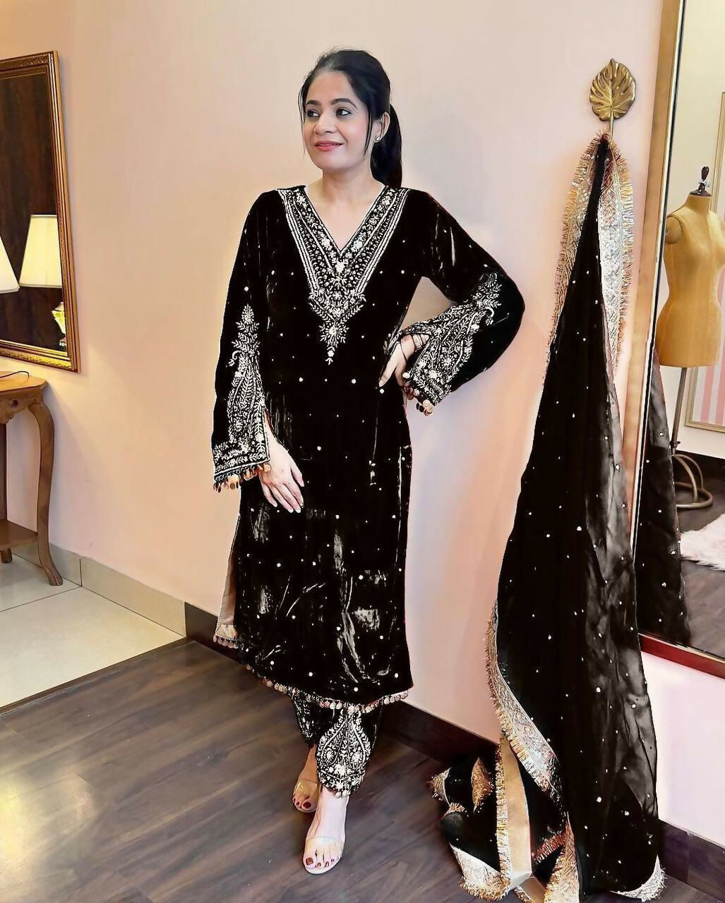 Joban Fashion Black Velvet Embroidery Kurta Set