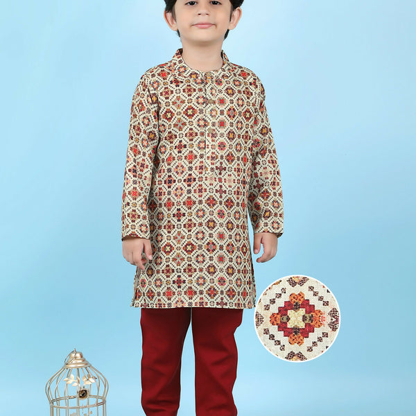 Joban Fashion Kids Island Cotton Full Sleeves Printed Kurta and Pyjama- Maroon - Distacart
