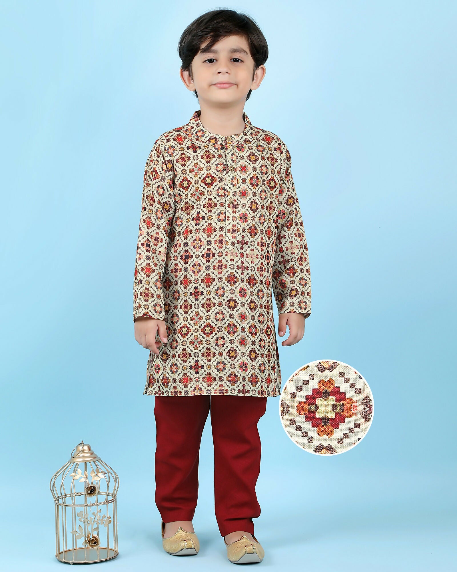 Joban Fashion Kids Island Cotton Full Sleeves Printed Kurta and Pyjama- Maroon - Distacart
