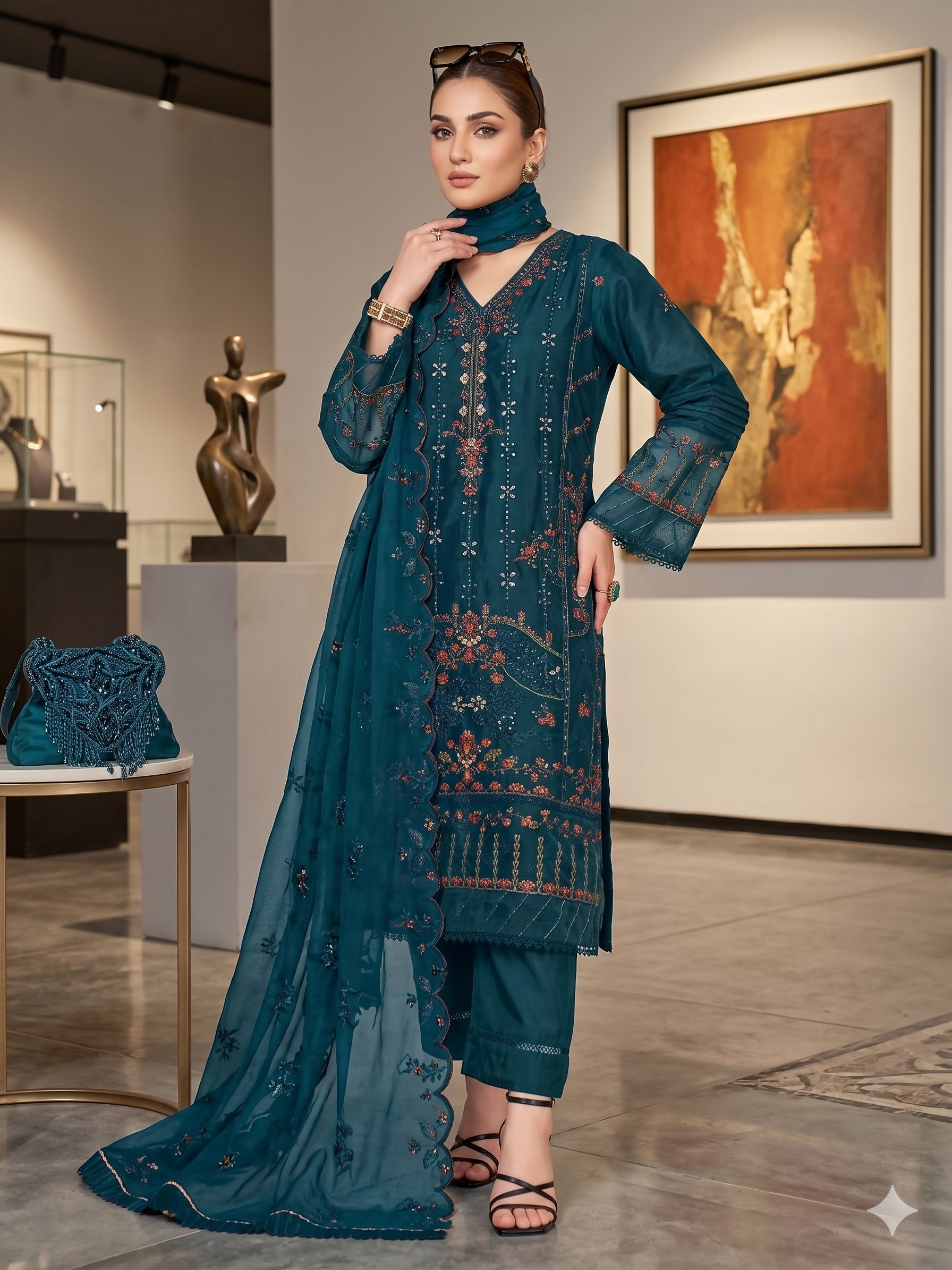Teeya Creation Womens New Net With Heavy Embroiedery With Sequence Work Kurta Set - Dista