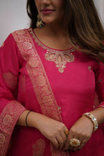 Thumbnail for The52 Gajri Women's Gorgeous Embroidered Viscose Chanderi Fabric Straight Kurta Pant with Dupatta Set - Distacart